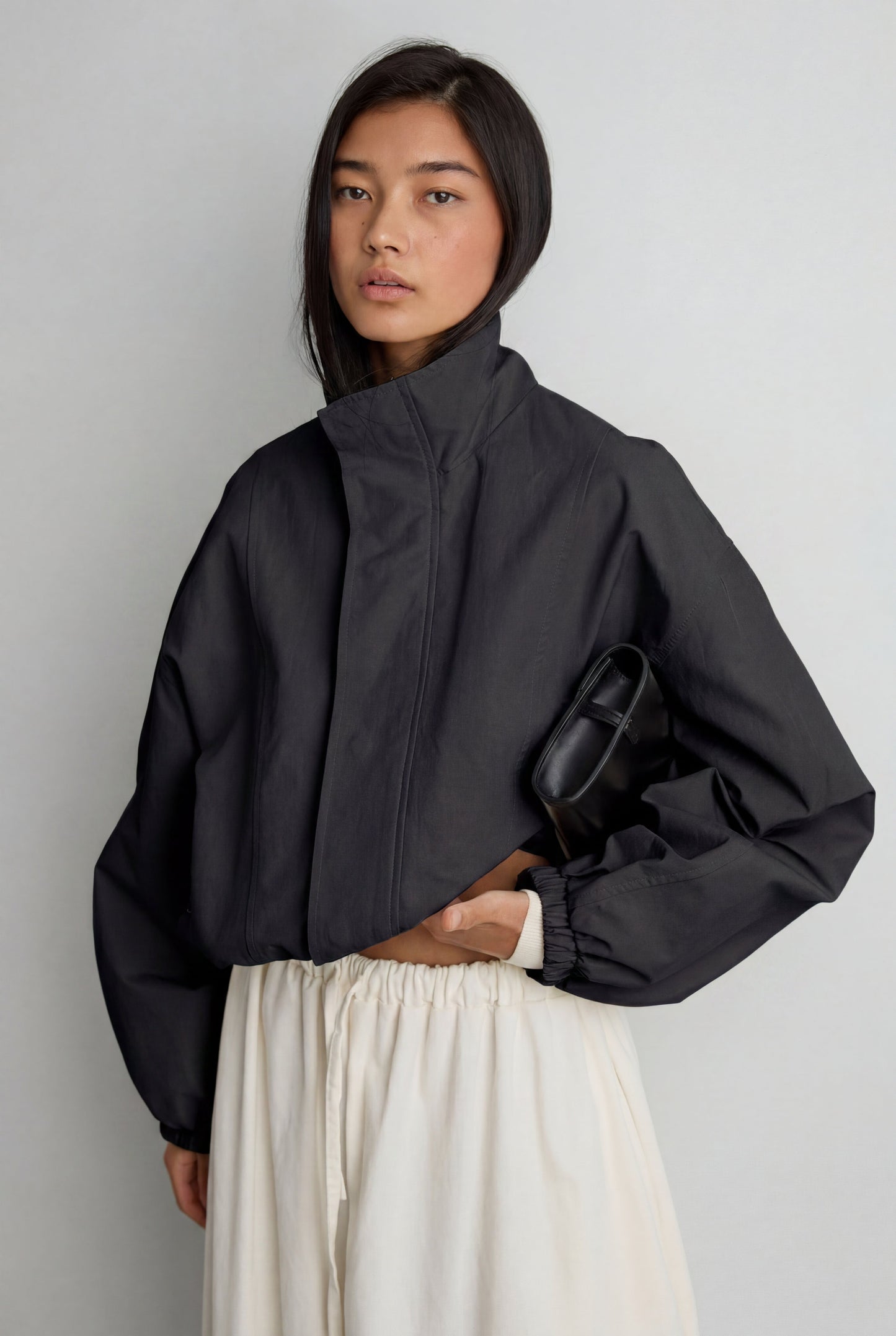 HIGH FUNNEL NECK CROPPED DRAWSTRING JACKET