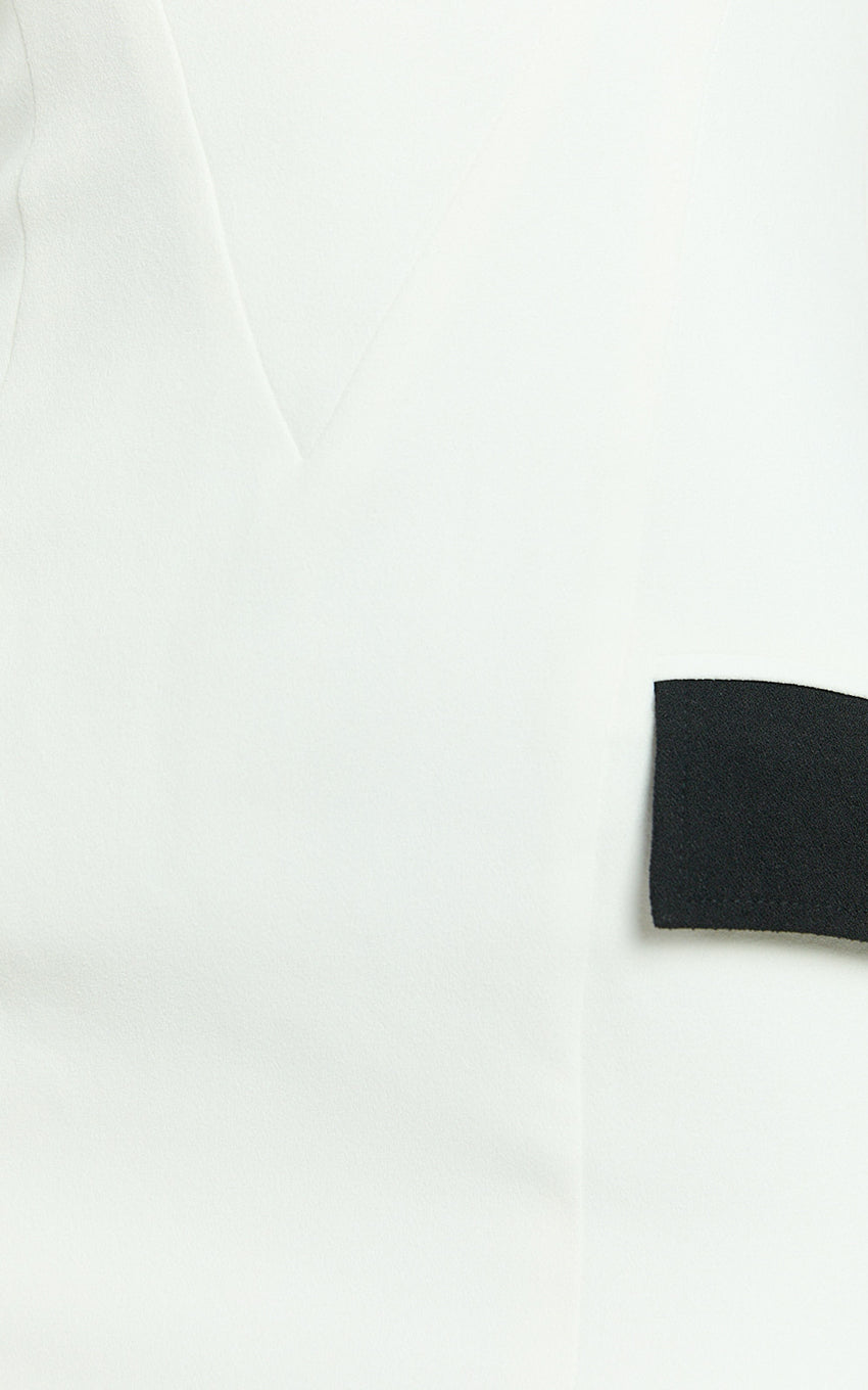 Terry Mini Dress - Straight Neck Contrast Trims Fitted Dress in White