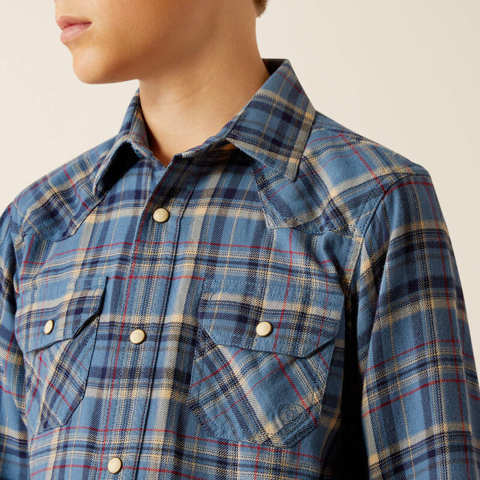 Ariat Boy's Huntley Copen Blue Plaid Retro Fit Long Sleeve Western Shirt 10052636-Painted Cowgirl Western Store