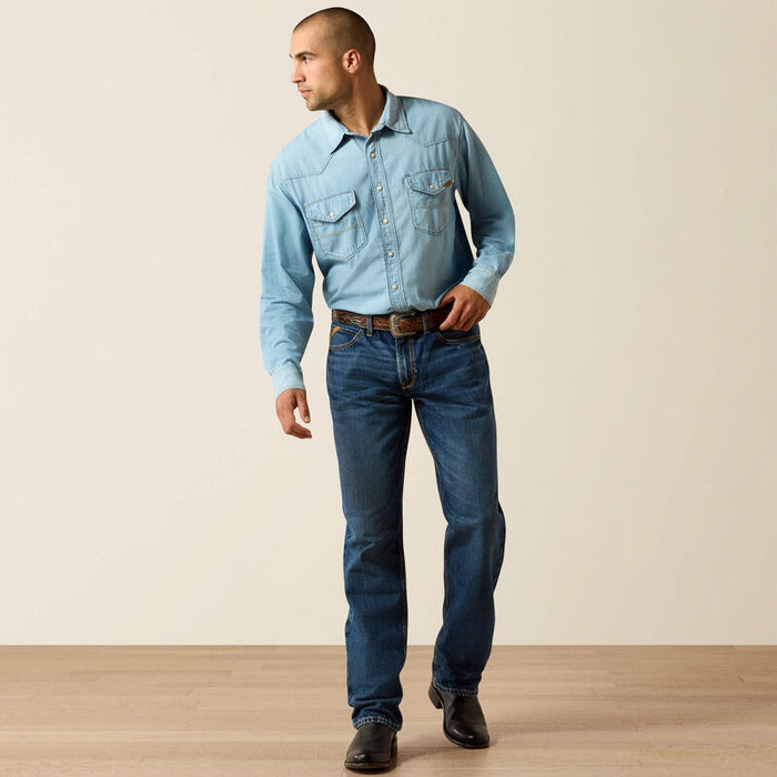 Ariat Men's Brody Washed Denim Cowboy Classic Fit Pearl Snap Long Sleeve Western Shirt 10072942
