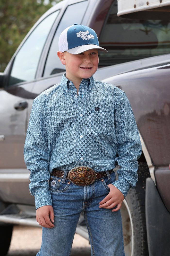 Cinch Boy's Royal Blue & Black Geo Print Button Long Sleeve Western Shirt MTW7060417