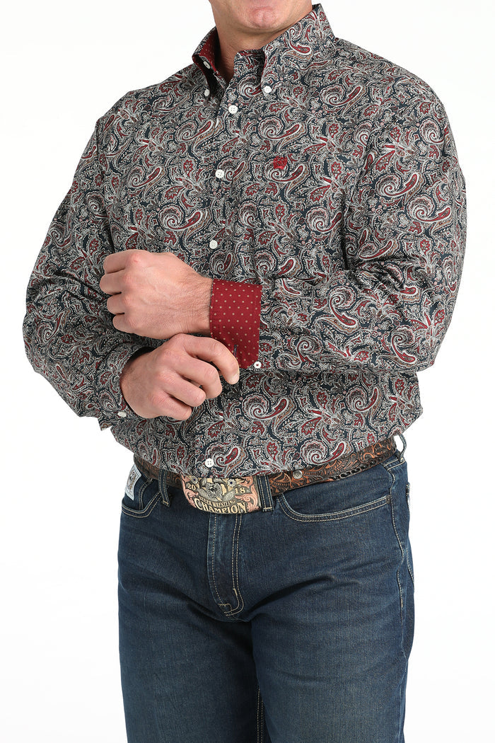 Cinch Men's Dark Navy & Red Paisley Print Classic Fit Button Long Sleeve Western Shirt MTW1106023