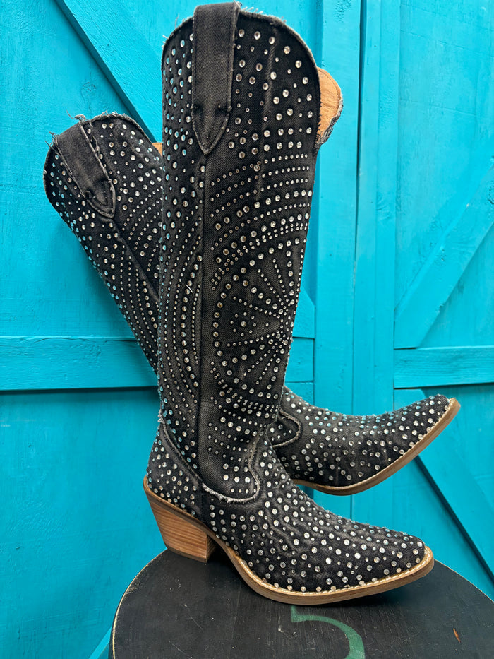 Dingo Women's Honkytonk Honey Black Denim Snip Toe Tall Rhinestone Cowgirl Boots DI162-Painted Cowgirl Western Store