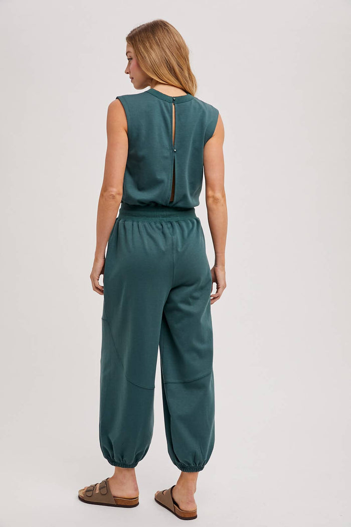 DRAWSTRING WAIST SLEEVELESS KNIT ACTIVE JUMPSUIT