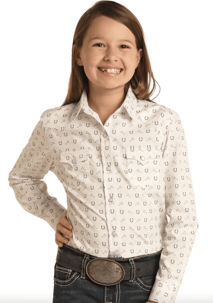 Panhandle Girl's Taupe Long Sleeve Horseshoe Print Pearl Snap Western Shirt RSGSOSR0EQ