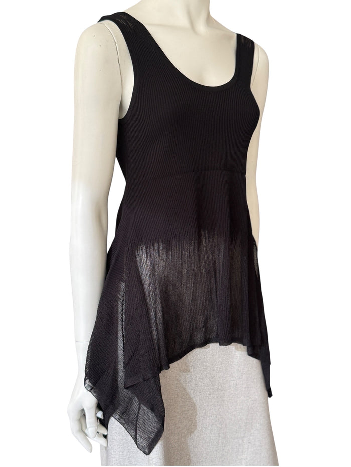 Prabal Gurung Sheer & Opaque Ribbed Peplum Shell Tank – Black – Size S