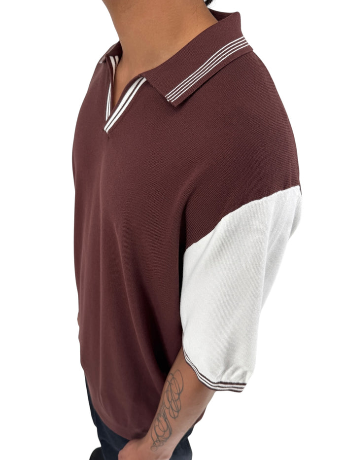 REISS Shark Knit Polo Shirt XXL Brown Ivory Modal Cotton Johnny Collar Men's