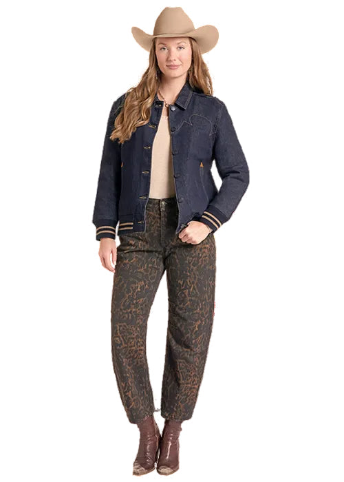 Rock and Roll Cowgirl Women's Denim Boot Stitch Embroidered Bomber Jacket BW92D09835