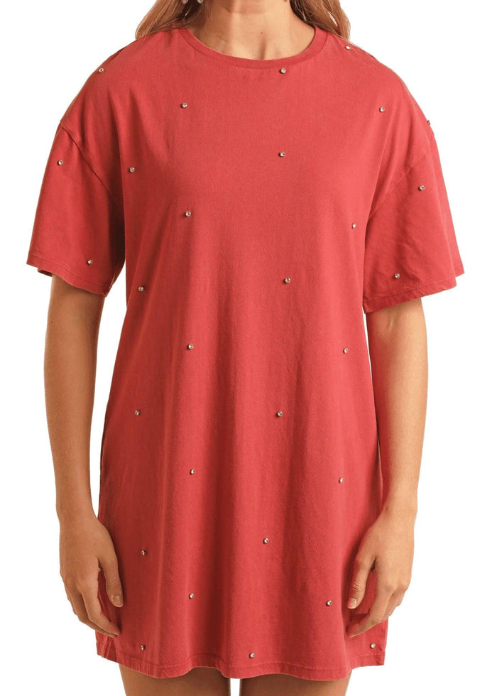 Rock and Roll Cowgirl Women's Red Rhinestone Studded Mini Tee Shirt Dress BWD1R03875-RED-Painted Cowgirl Western Store