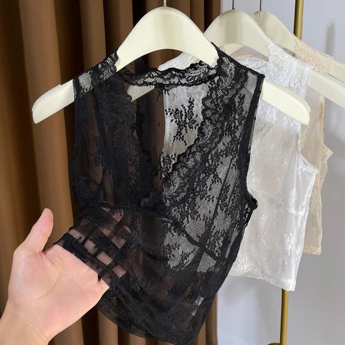 Rosa Black Floral Lace V-Neck Fitted Sleeveless Top RCJY06896-BLK