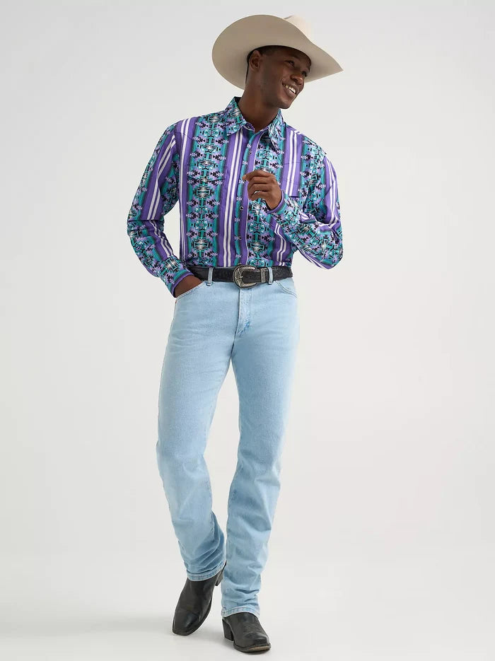 Wrangler Men's Violet Serape Stripe Checotah Print Pearl Snap Long Sleeve Western Shirt 112374916