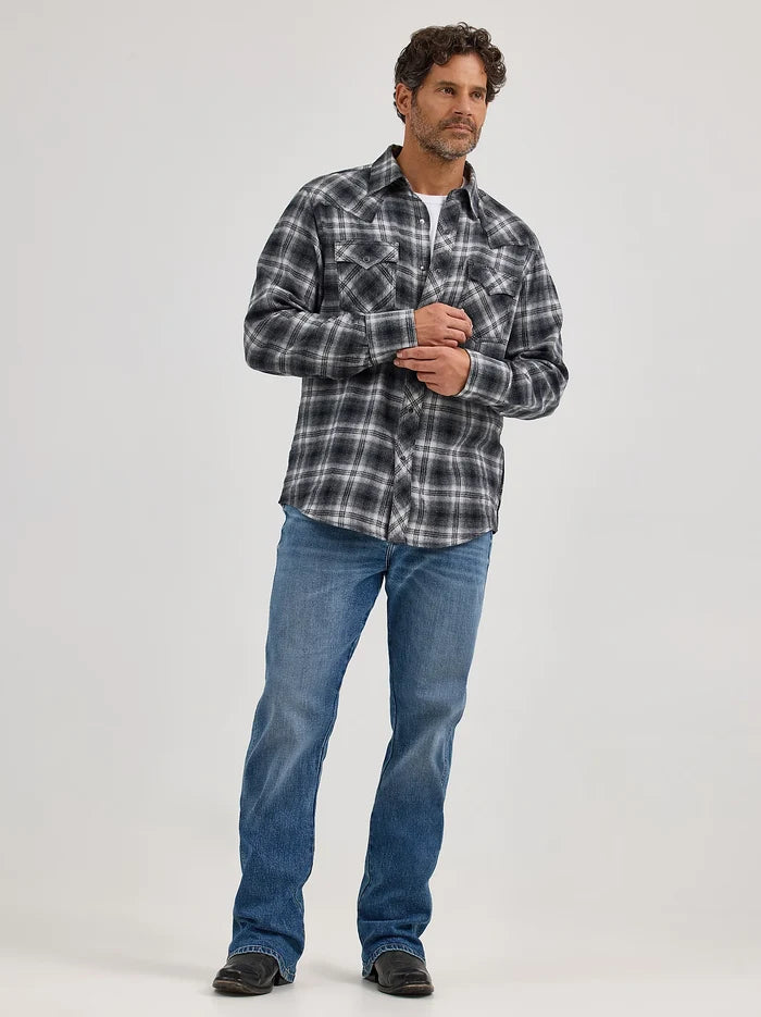 Wrangler Retro Men's Charcoal Grey Plaid Pearl Snap Long Sleeve Flannel Shirt 112368071