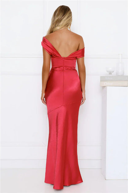 She’s A Dream Satin Off Shoulder Maxi Dress Red