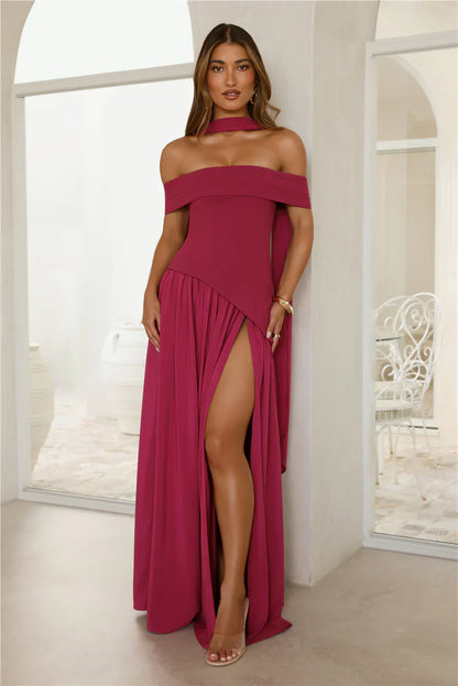 Midnight Elegance Off Shoulder Maxi Dress Magenta