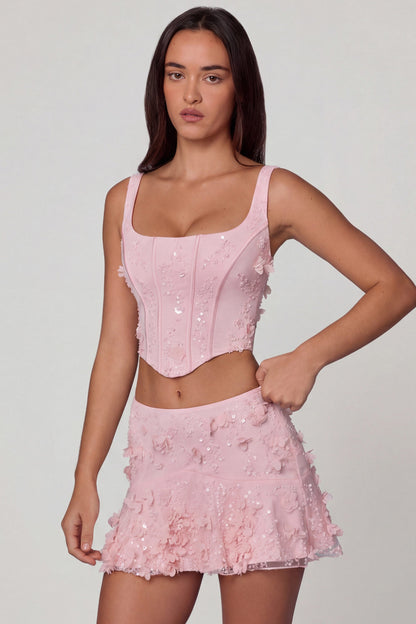 Embellished Lace-Up Corset Top in Soft Pink