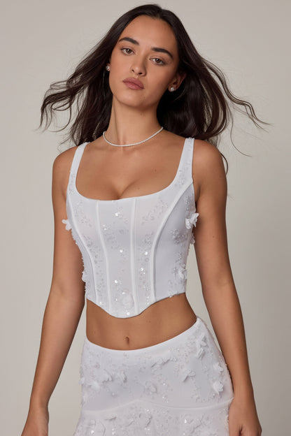 Embellished Lace-Up Corset Top in White