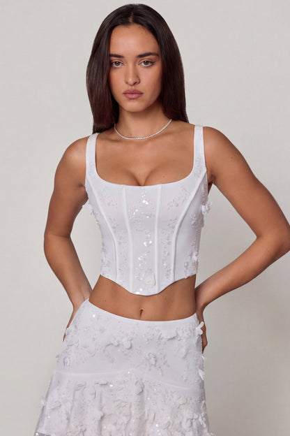 Embellished Lace-Up Corset Top in White