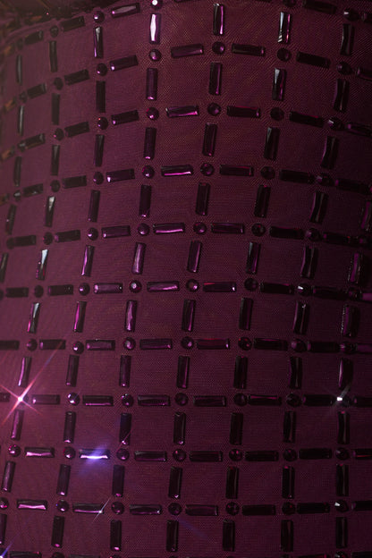 Embellished Plunge Semi-Sheer Mini Dress in Deep Purple