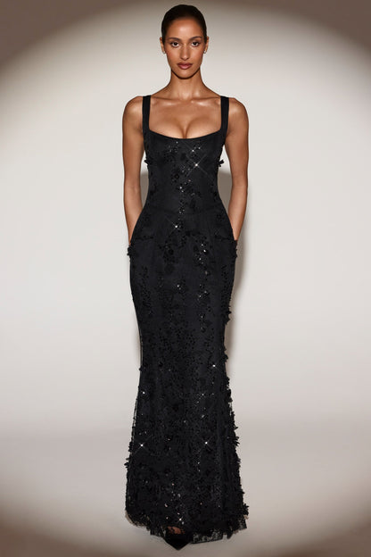 Embellished Appliqué Soft-Scoop Corset Gown in Black