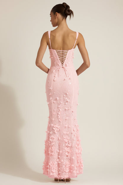 Embellished Appliqué Soft-Scoop Corset Gown in Pink