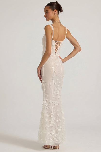 Embellished Appliqué Soft-Scoop Corset Gown in White