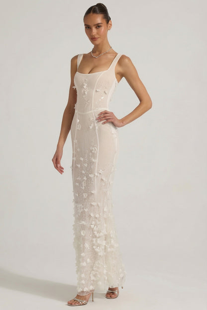 Embellished Appliqué Soft-Scoop Corset Gown in White