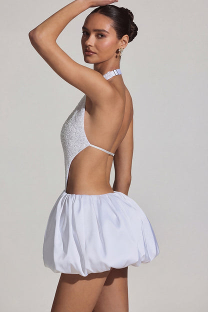 Embellished Cut-Out Bubble Hem Mini Dress in White