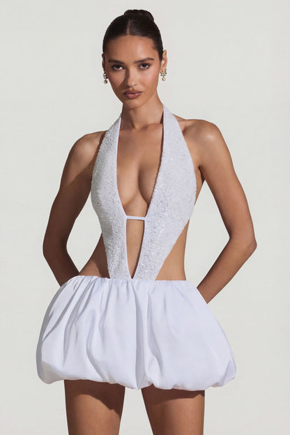 Embellished Cut-Out Bubble Hem Mini Dress in White