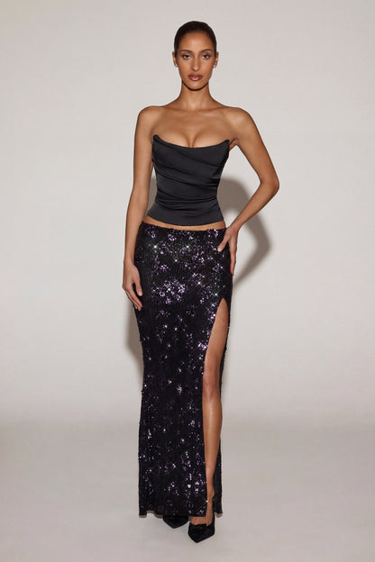 Embellished Mid-Rise Thigh-Split Maxi Skirt in Black Purple