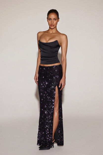 Embellished Mid-Rise Thigh-Split Maxi Skirt in Black Purple