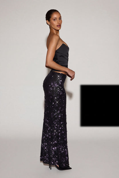 Embellished Mid-Rise Thigh-Split Maxi Skirt in Black Purple