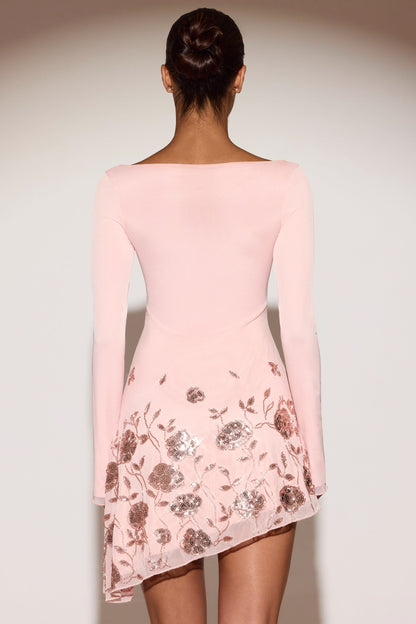 Embellished Appliqué Asymmetric Mini Dress in Pink
