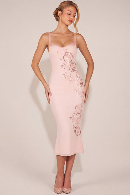 Embellished Peekaboo Fluted-Hem Midaxi Dress in Pink