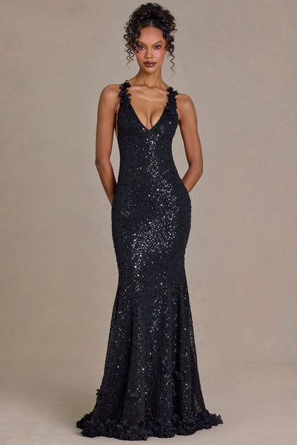 Embellished Plunge Open-Back Gown in Black
