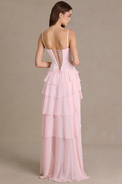 Embellished Cowl-Neck Corset Gown in Baby Pink