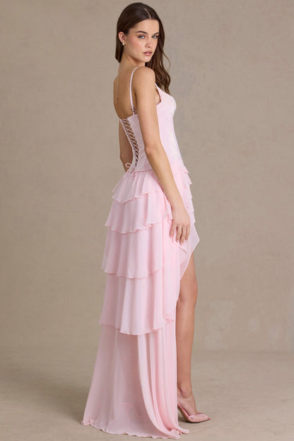 Embellished Cowl-Neck Corset Gown in Baby Pink