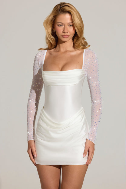 Embellished Long-Sleeve Draped Mini Dress in White