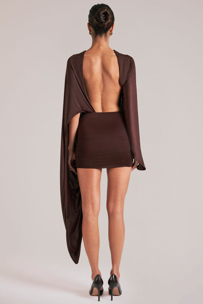 Draped Cape Mini Dress in Chocolate Brown