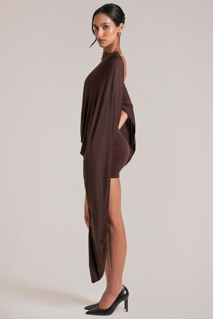 Draped Cape Mini Dress in Chocolate Brown
