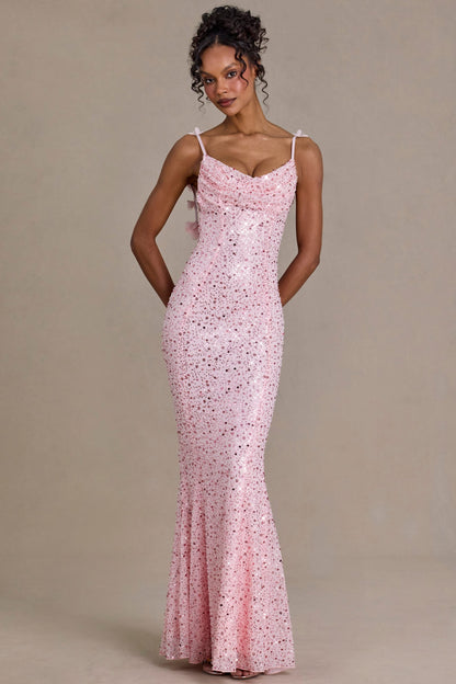 Embellished Open-Back Maxi Dress in Baby Pink