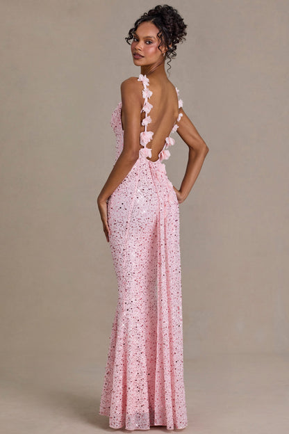 Embellished Open-Back Maxi Dress in Baby Pink