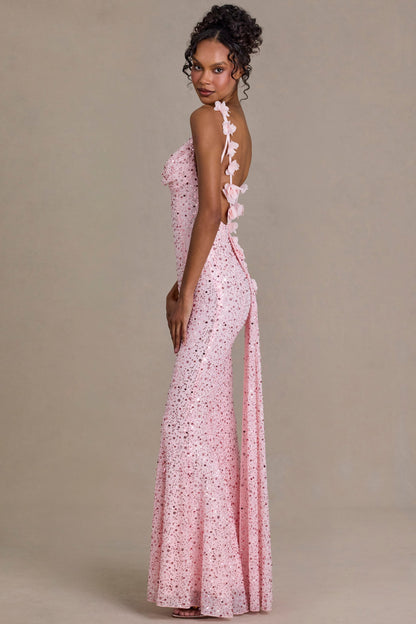 Embellished Open-Back Maxi Dress in Baby Pink
