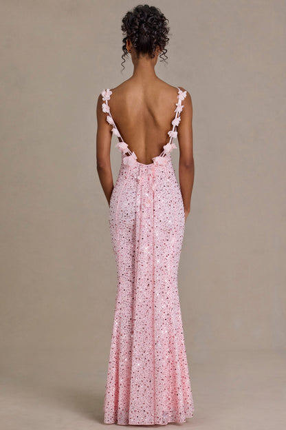 Embellished Open-Back Maxi Dress in Baby Pink