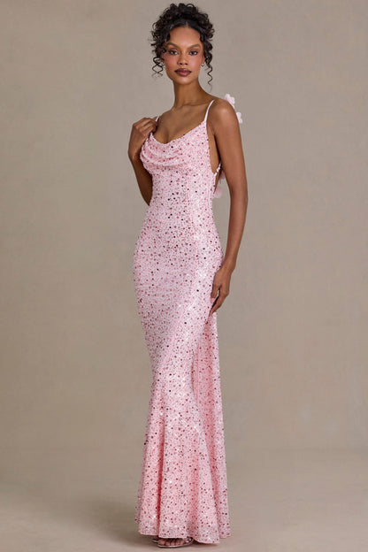 Embellished Open-Back Maxi Dress in Baby Pink
