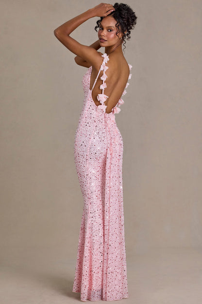 Embellished Open-Back Maxi Dress in Baby Pink