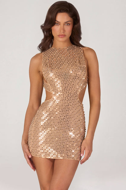 Embellished High-Neck Mini Dress in Gold