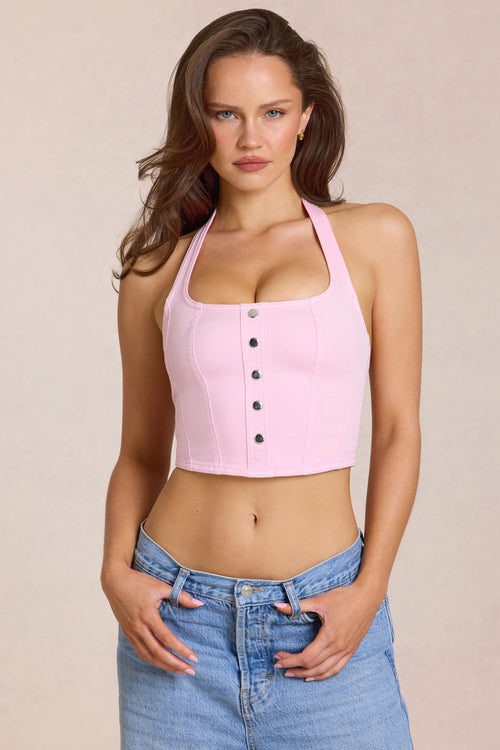 Denim Halterneck Corset Style Top in Blossom Pink
