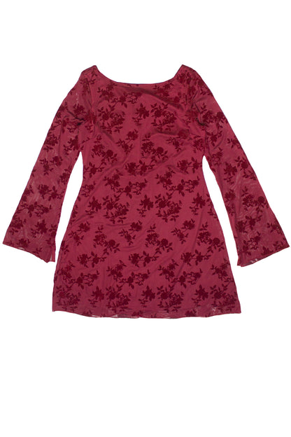 Floral Flocked Mesh Long Sleeve Mini Dress