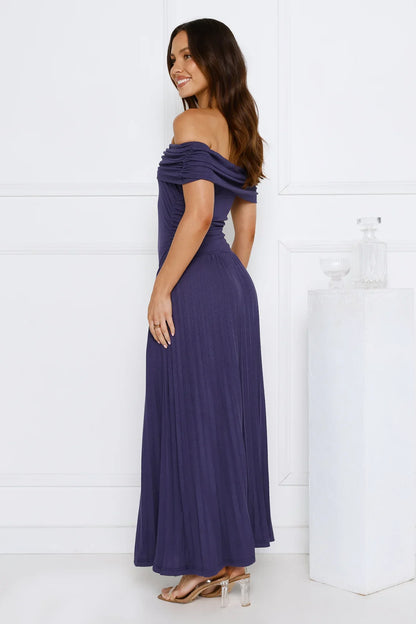 Nikita Off Shoulder Ribbed Maxi Dress Navy