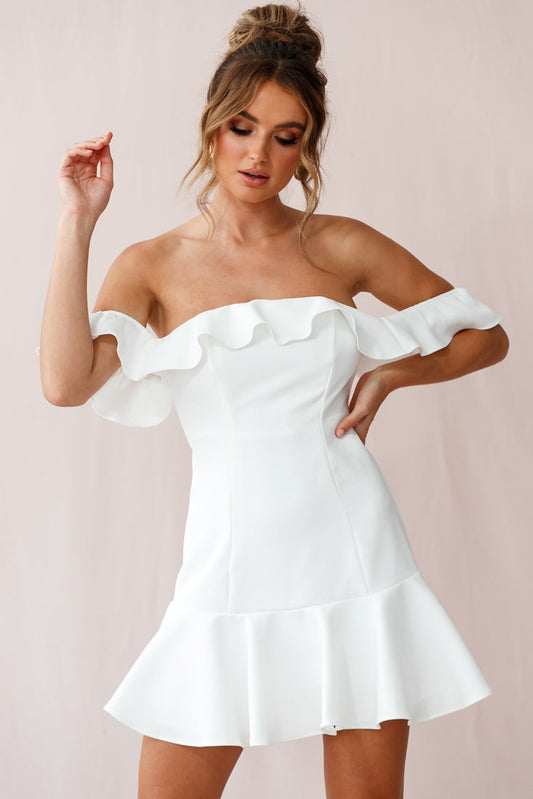 Ondine Bardot Neckline Fluted Hem Dress White